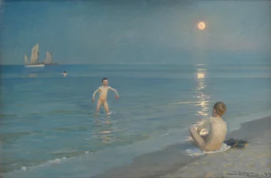 Jungen baden in Skagen. Sommerabend